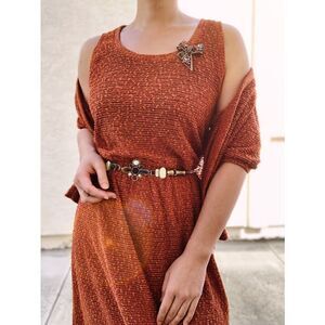VTG 70s Jonathan Logan Ginger‎ Brown Woven Midi Dress Cardigan Set USA Made 4/6